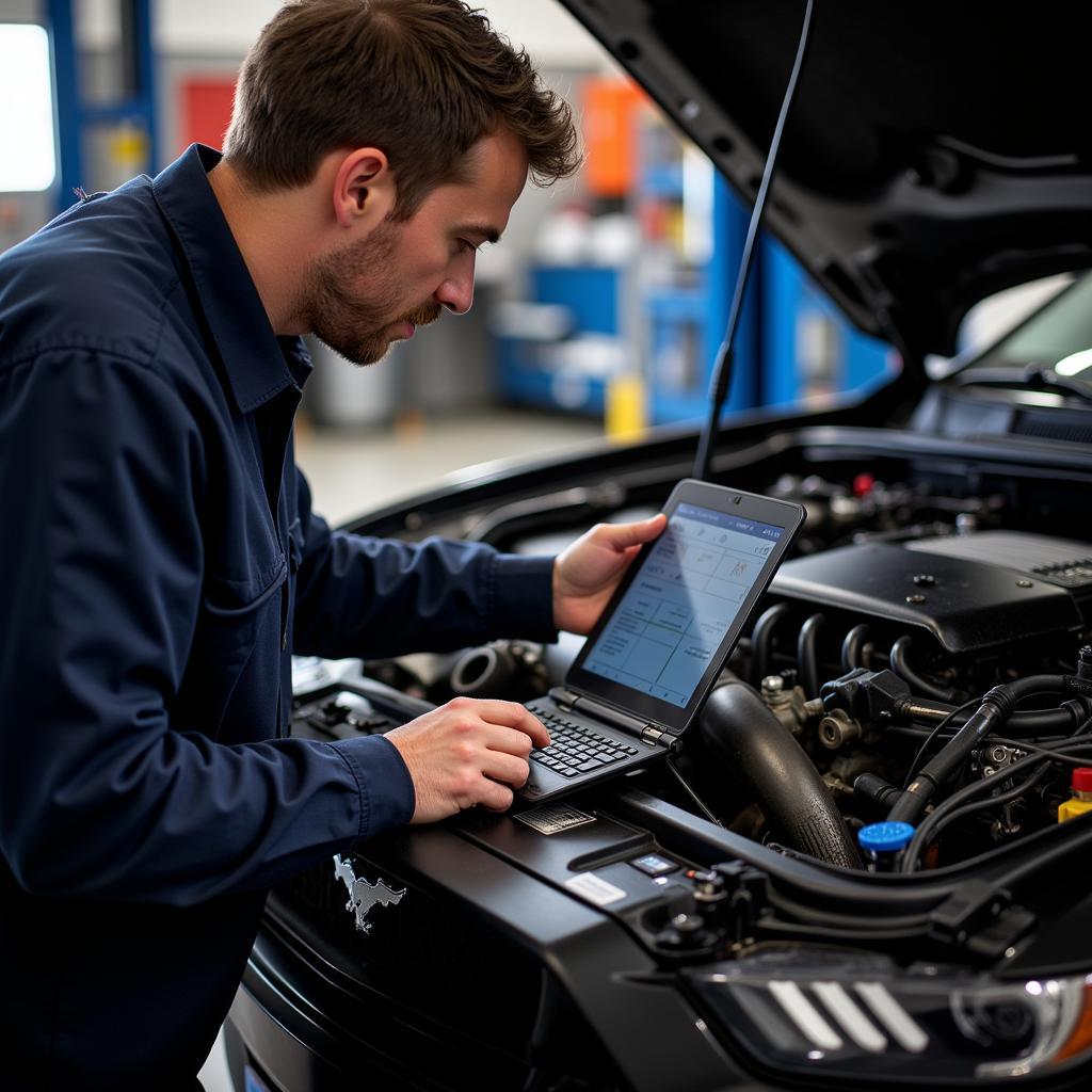 Ford Mustang undergoing engine diagnostics