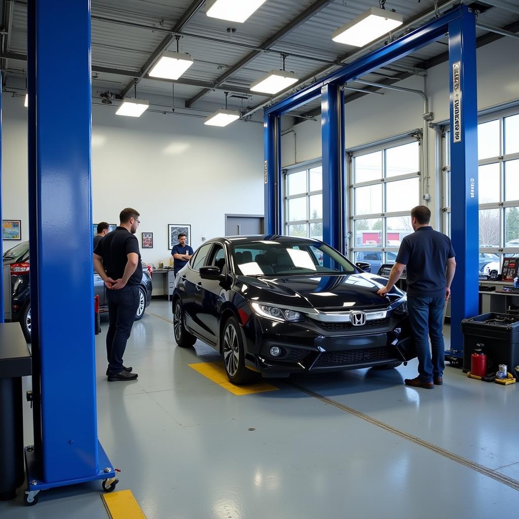 Fremont Honda Service Center - Technicians working on a Honda vehicle inside a modern, well-equipped service bay.