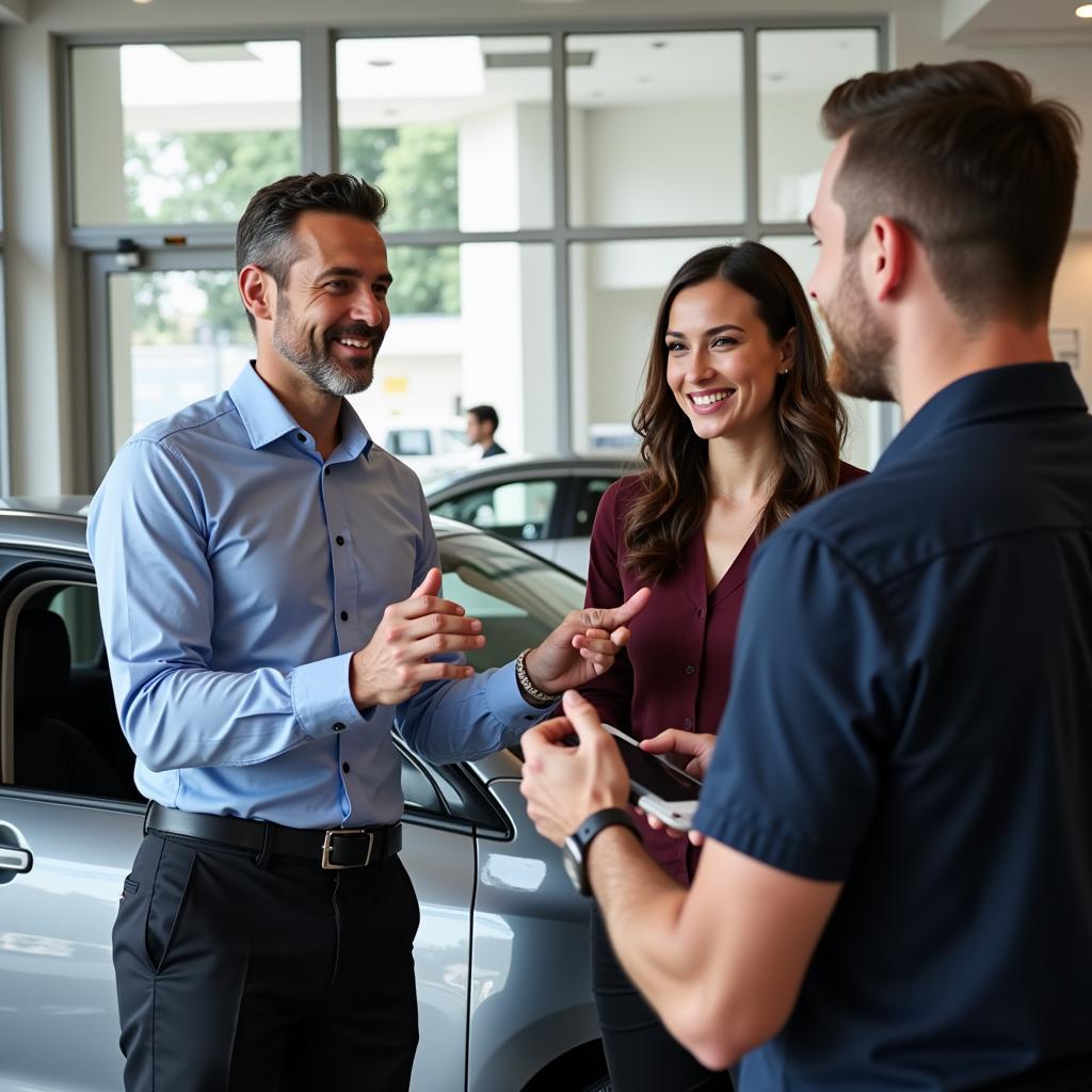 Friendly Car Salesperson Helping Customer