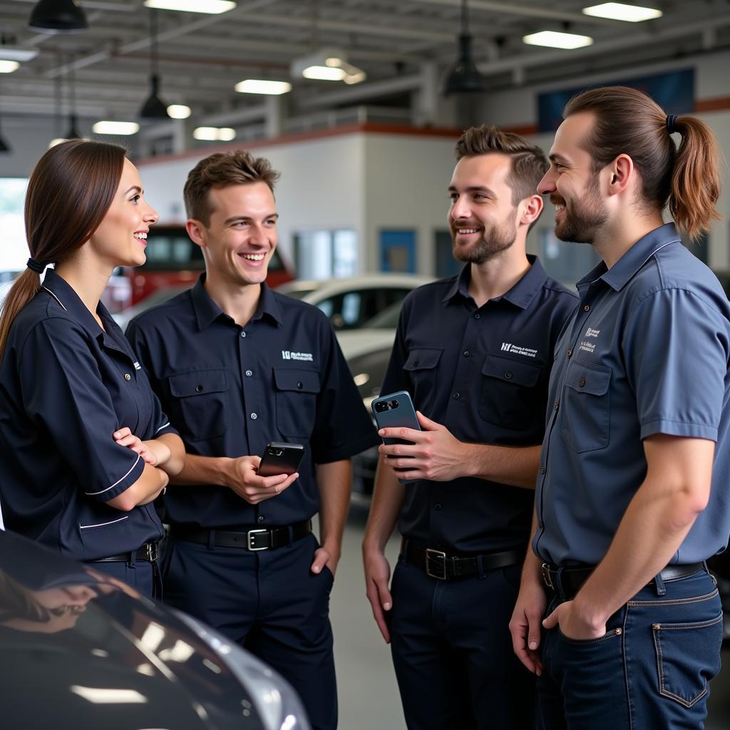 Friendly Staff Interacting with Customer in Auto Shop