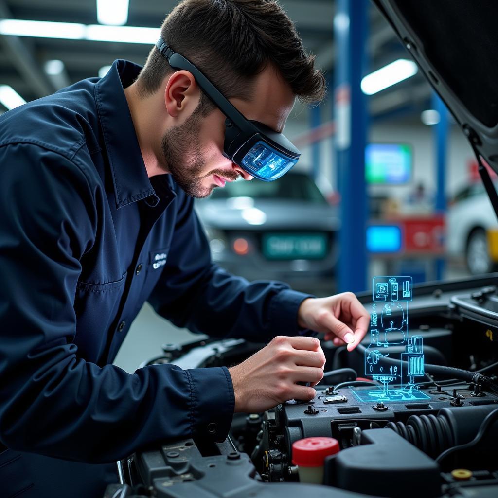 Mechanic using augmented reality glasses for car repair