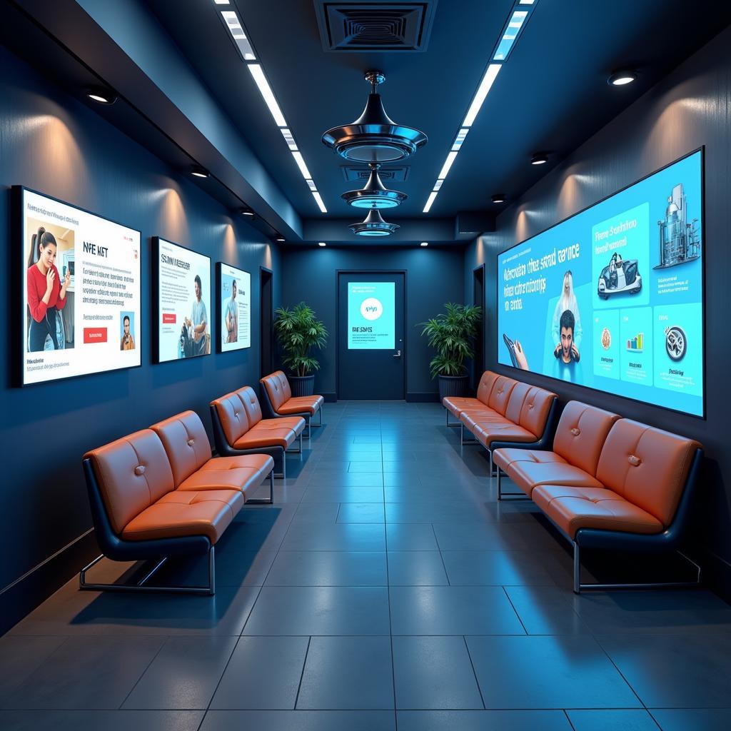 Futuristic Auto Service Waiting Room with Interactive Displays