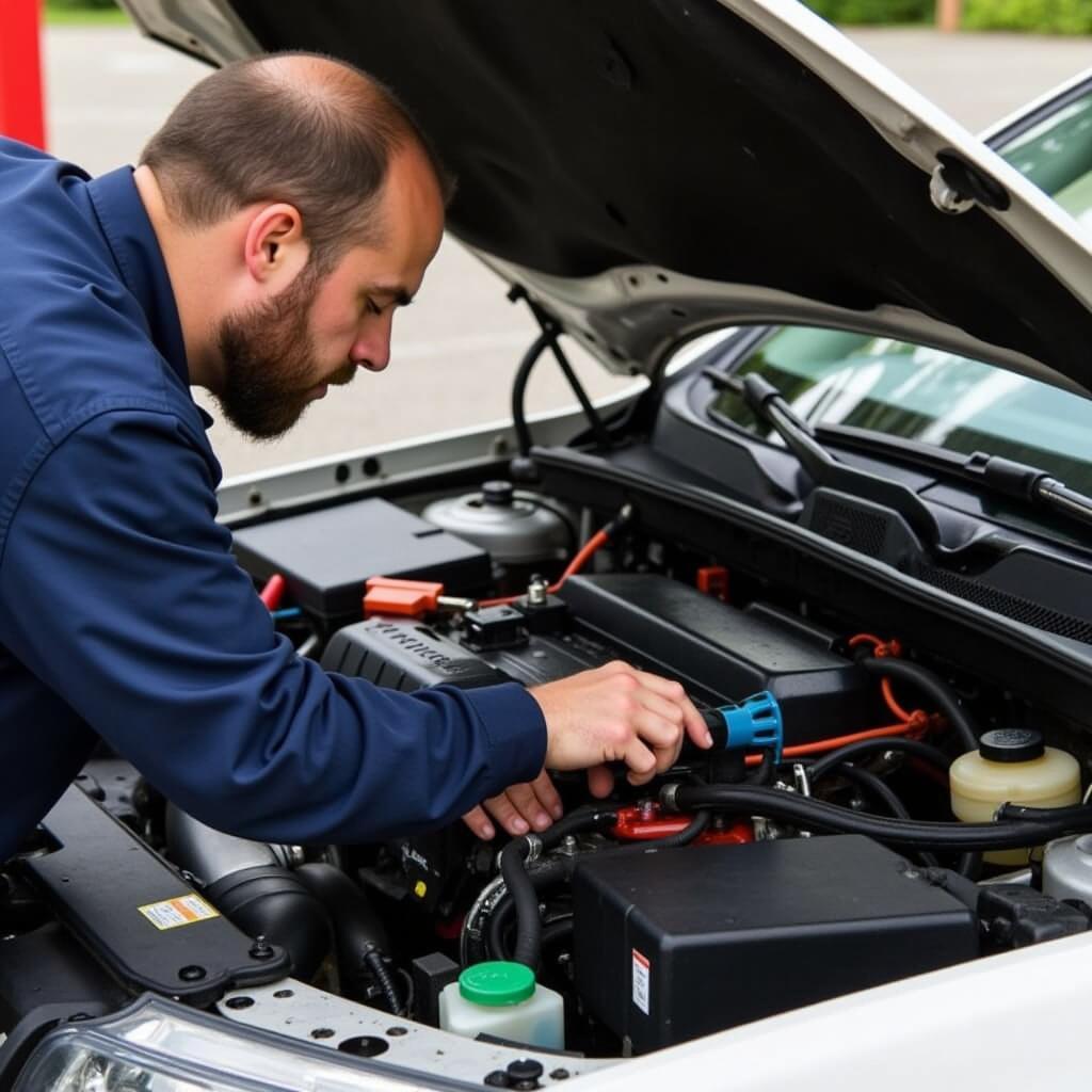 Auto inspector checking the engine of a car in Gainesville, GA