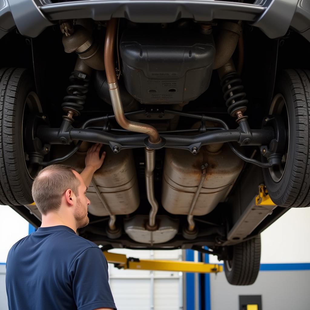 Auto inspector examining the undercarriage of a car in Gainesville, GA