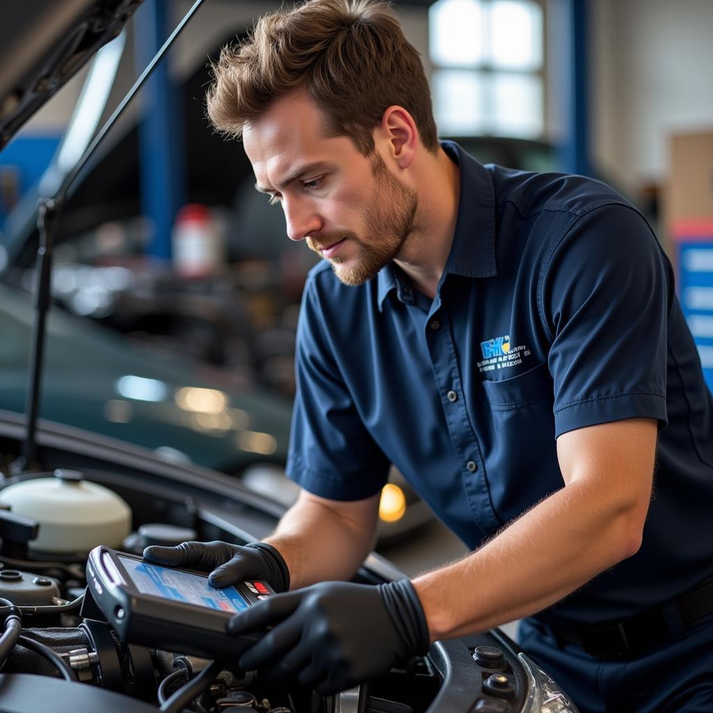 Gainesville Mechanic Checking Car: A qualified mechanic in Gainesville is carefully inspecting a car using diagnostic equipment.