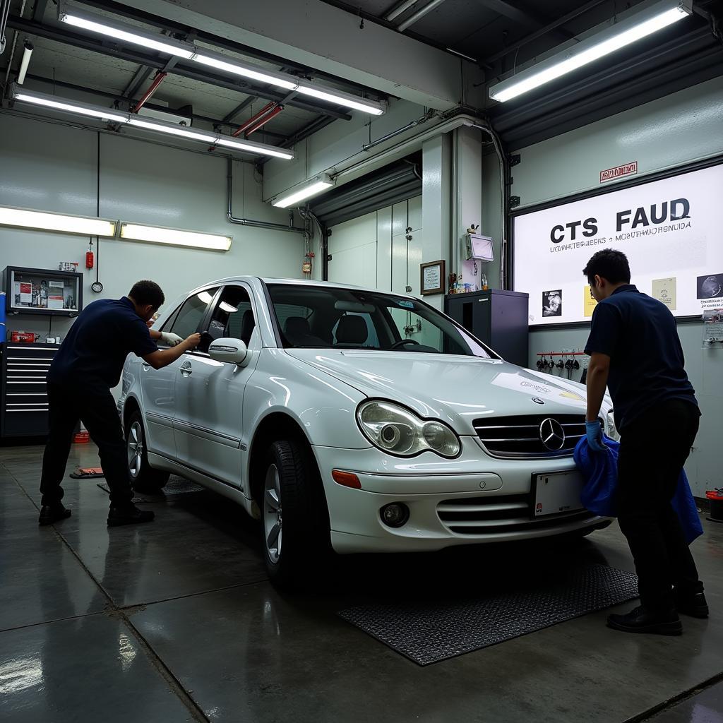 Car undergoing detailing service in a Gangnam auto shop