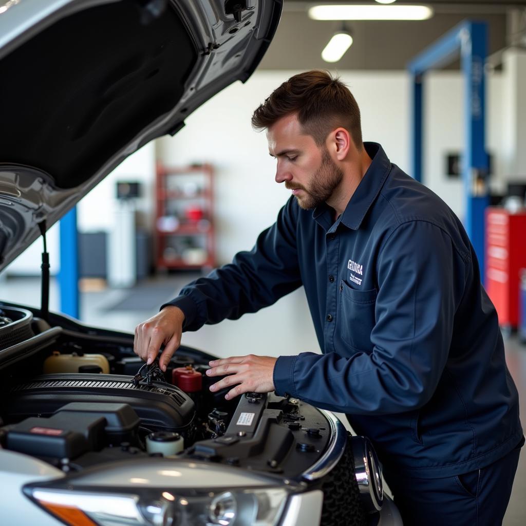 Mechanic working on a car engine in a gellings auto service center