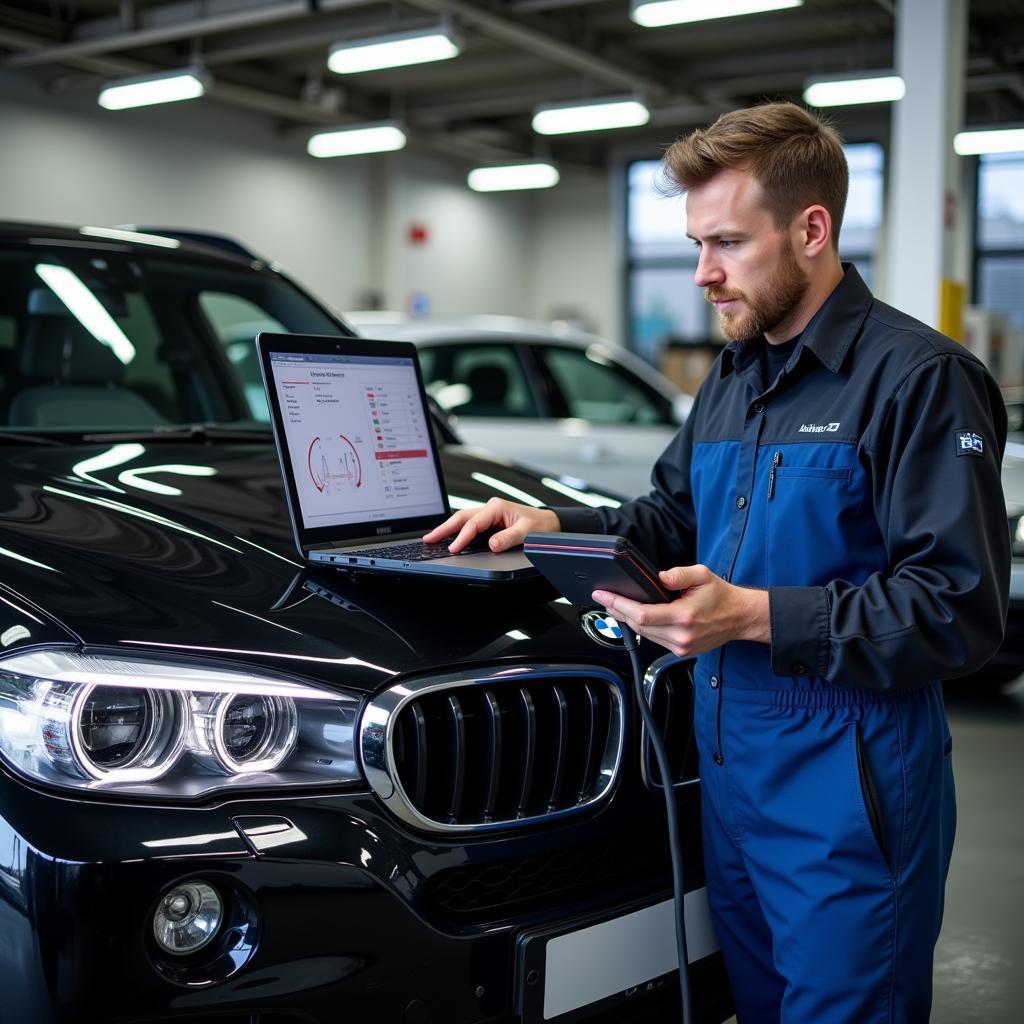 German auto service technician using specialized diagnostic tools