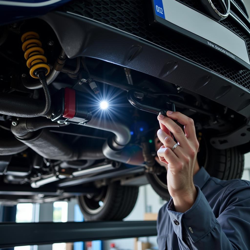 German auto service technician performing a thorough vehicle inspection