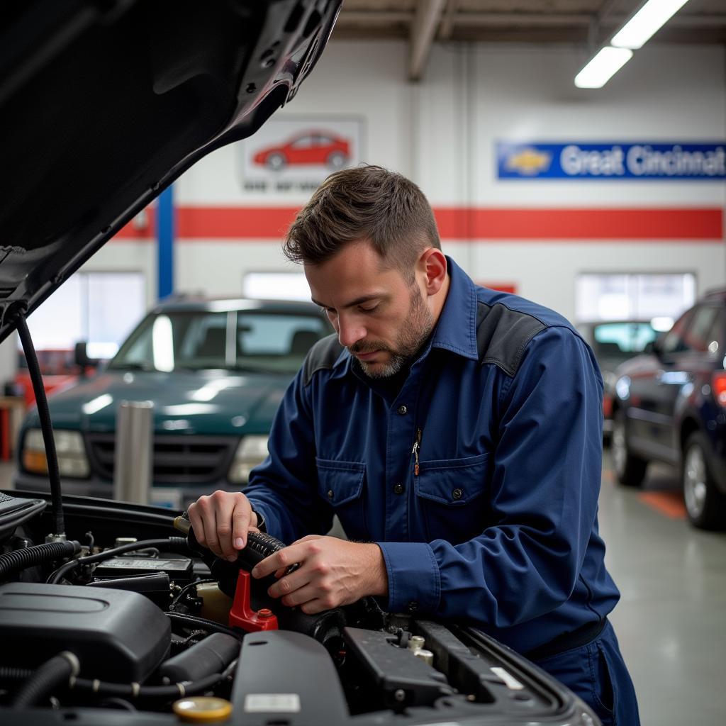 Mechanic working on a car in a Greater Cincinnati auto service shop