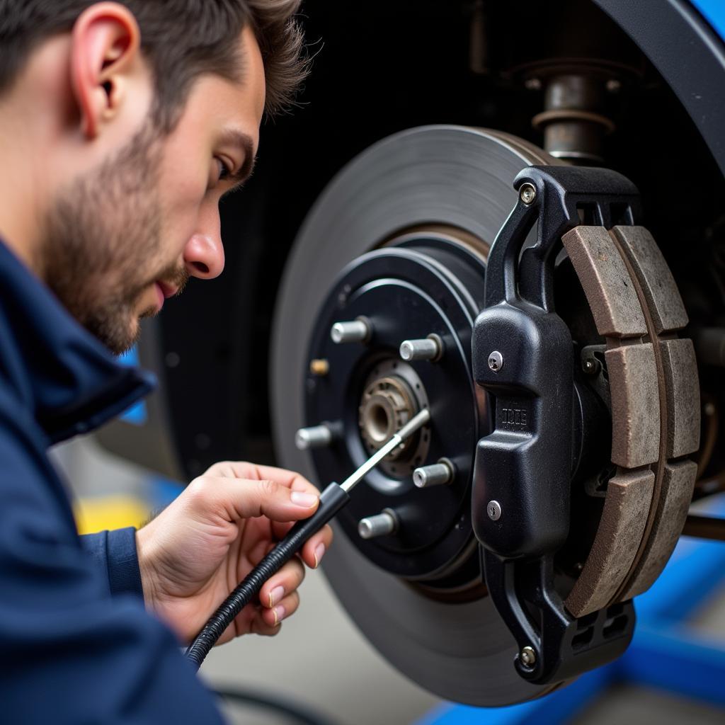 Technician inspecting Haas brakes