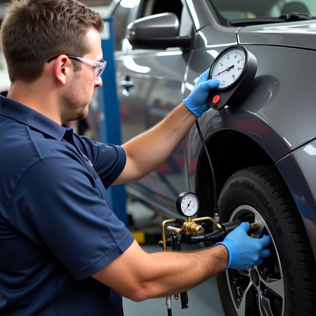 Technician checking refrigerant levels in a car AC system in Hamilton