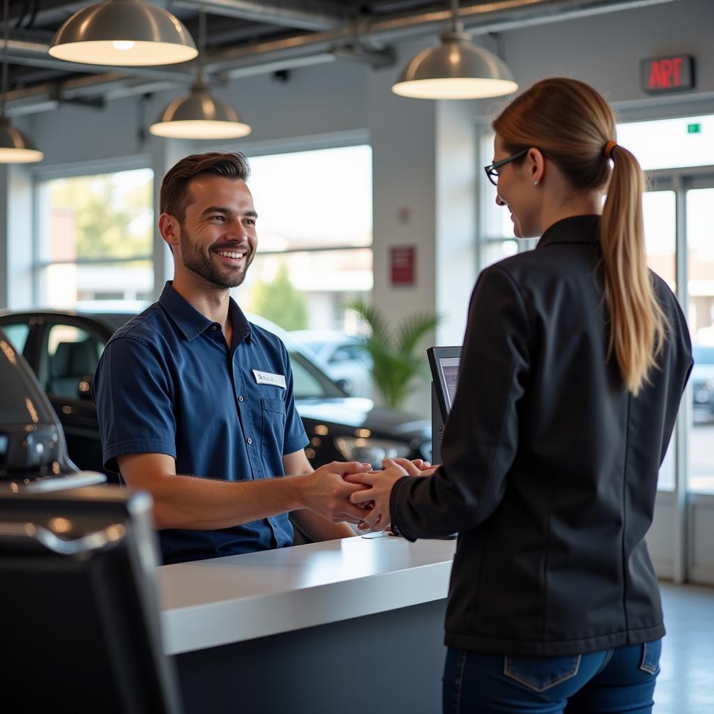 Happy Auto Service Cashier Helping Customer