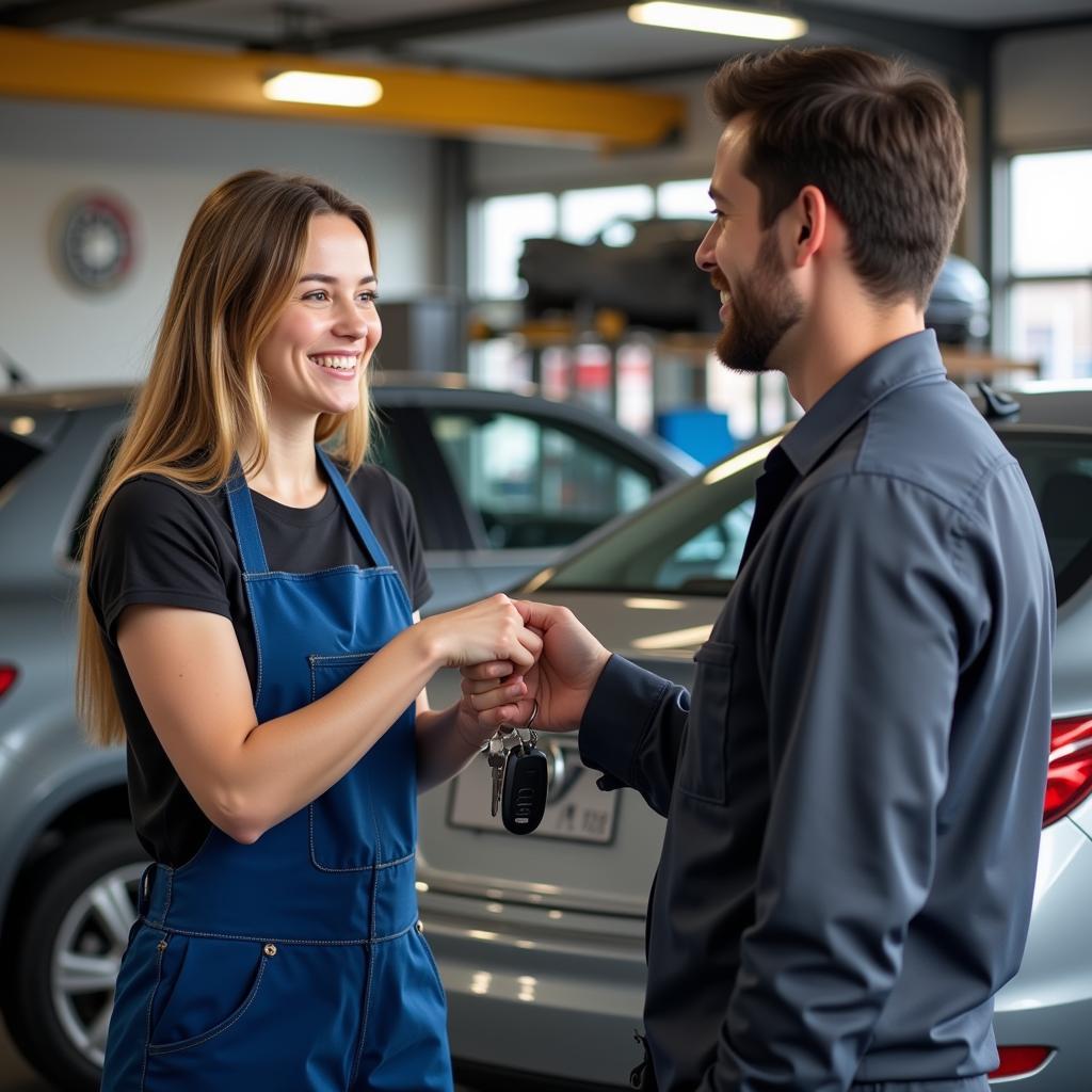 Happy Customer Receiving Car Keys from Mechanic