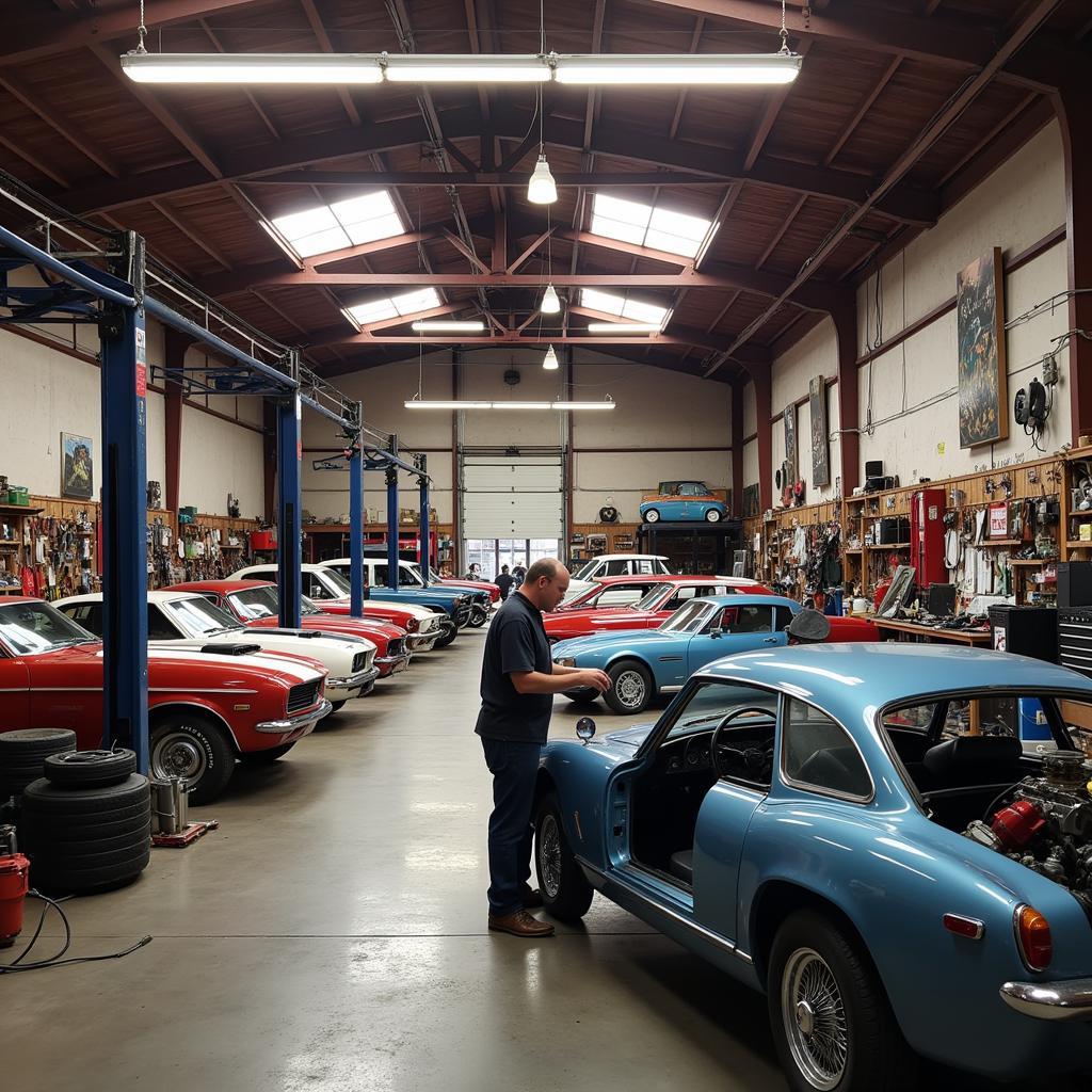 Haysville Auto Restoration Shop - Interior view of a classic car restoration workshop in Haysville, showing tools and equipment.