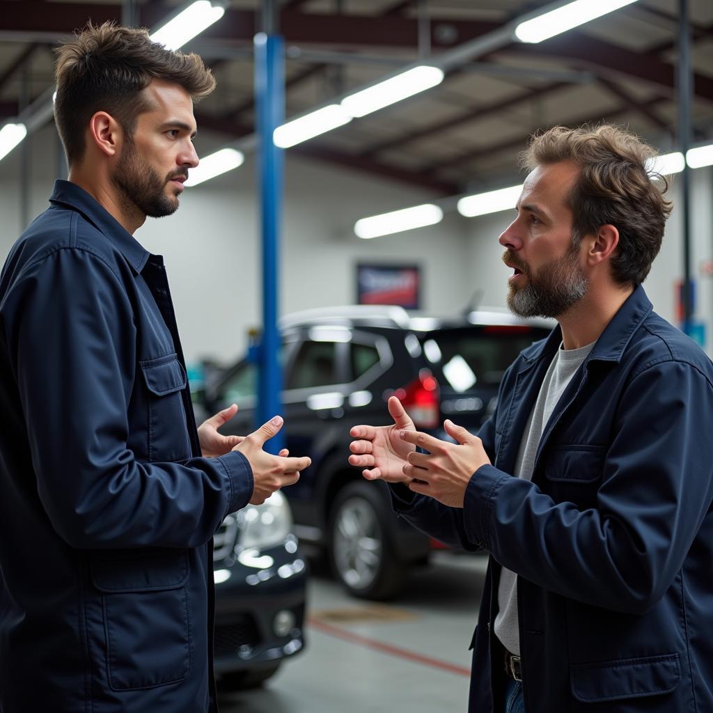 Customer talking to a mechanic in a Hickory auto service shop