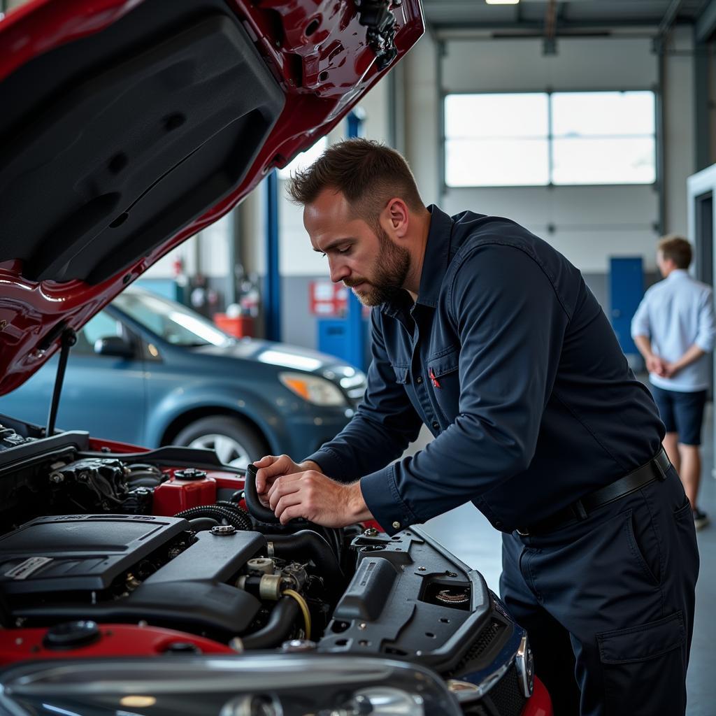 Mechanic working on a car engine in a Hickory auto service shop