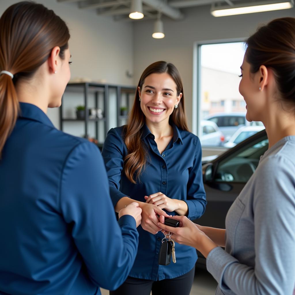 Happy Customer Receiving Keys at Hilltop Auto Service