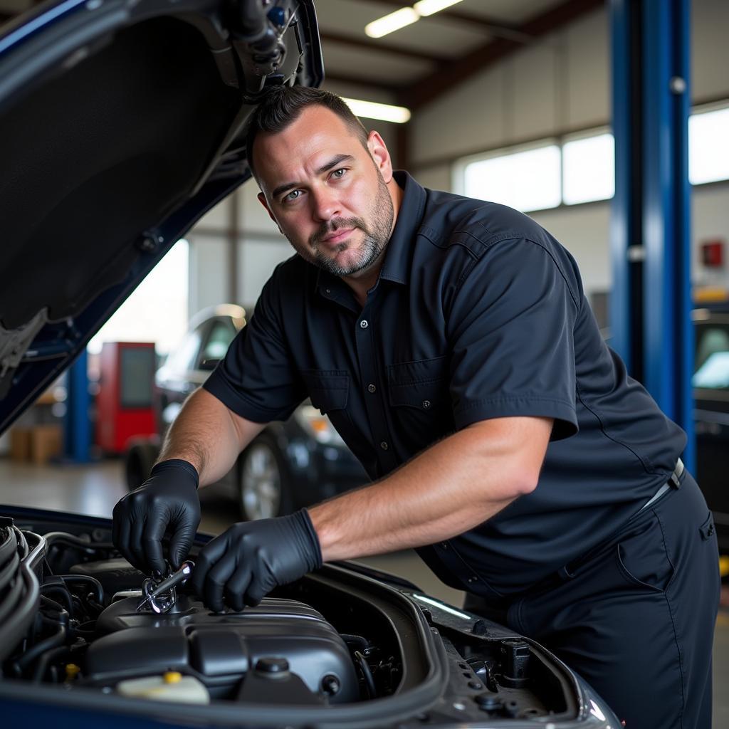 Mechanic Working on a Car in a Hollywood Auto Service Shop