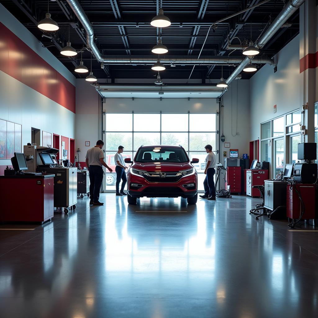 Honda Dealership Service Bay - A clean and organized service bay within a Honda dealership, showcasing specialized diagnostic equipment.