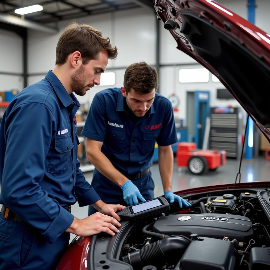 ASE Certified Technicians Working on a Car