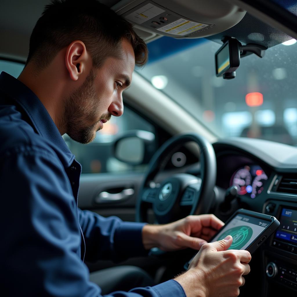 An auto mechanic using diagnostic equipment on a car in Huntsville, AL.