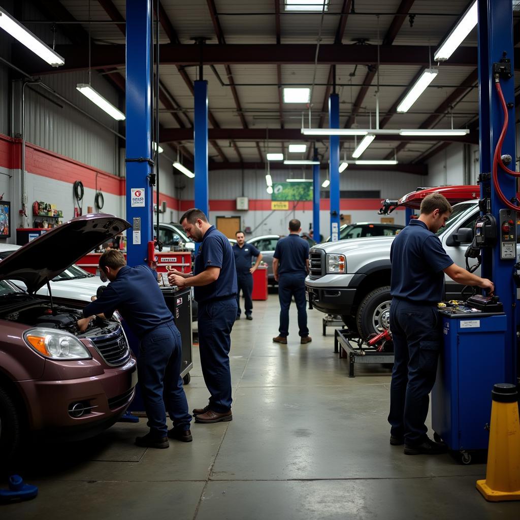 Huntsville auto repair shop with mechanics working on a car.