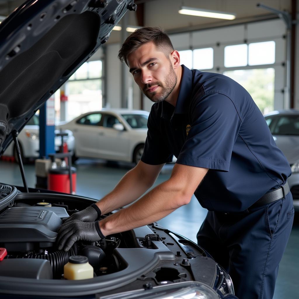 Mechanic Working on Car in I-70 Auto Service Shop