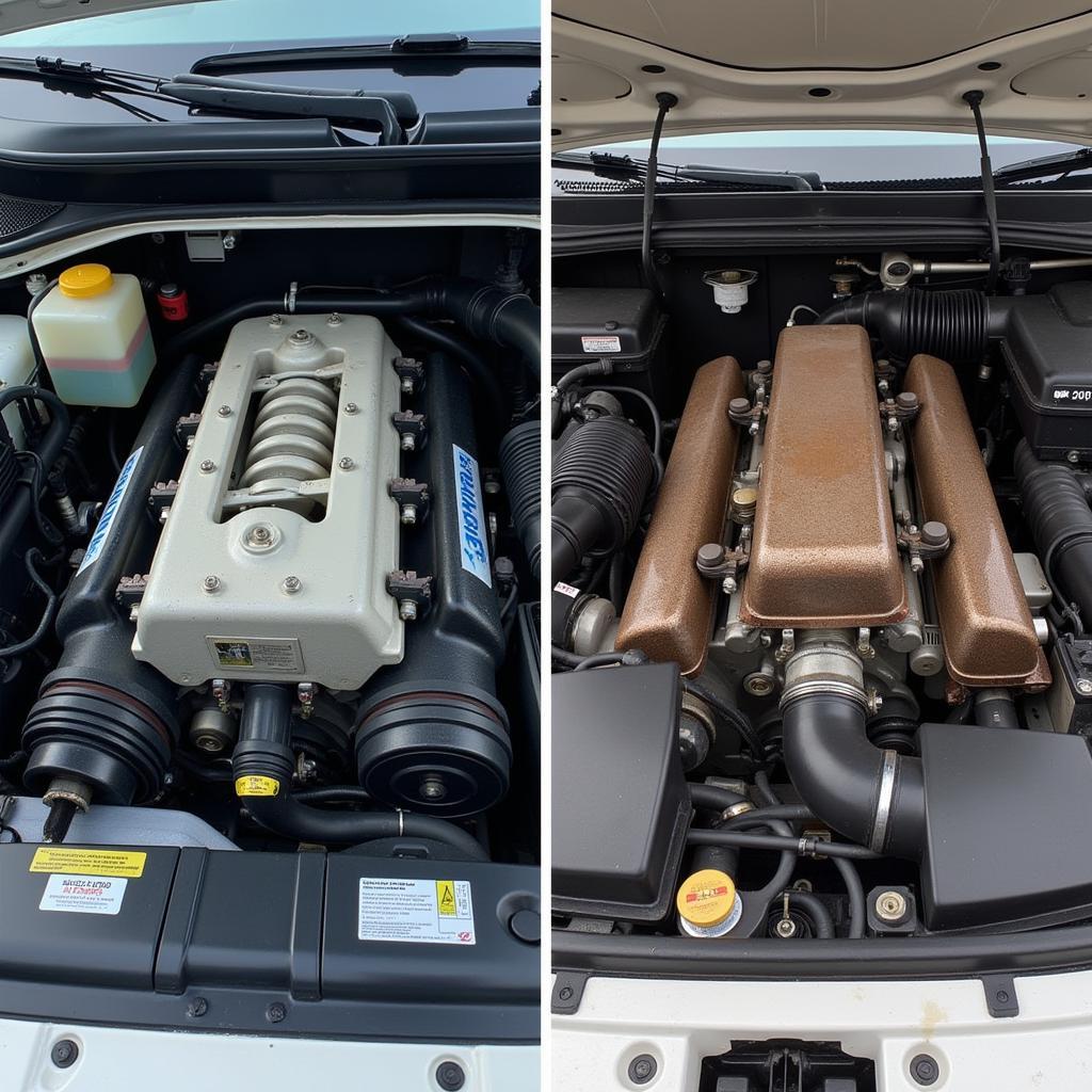 The Importance of Log Book Service: A well-maintained engine compartment compared to a neglected one, showcasing the benefits of regular service.