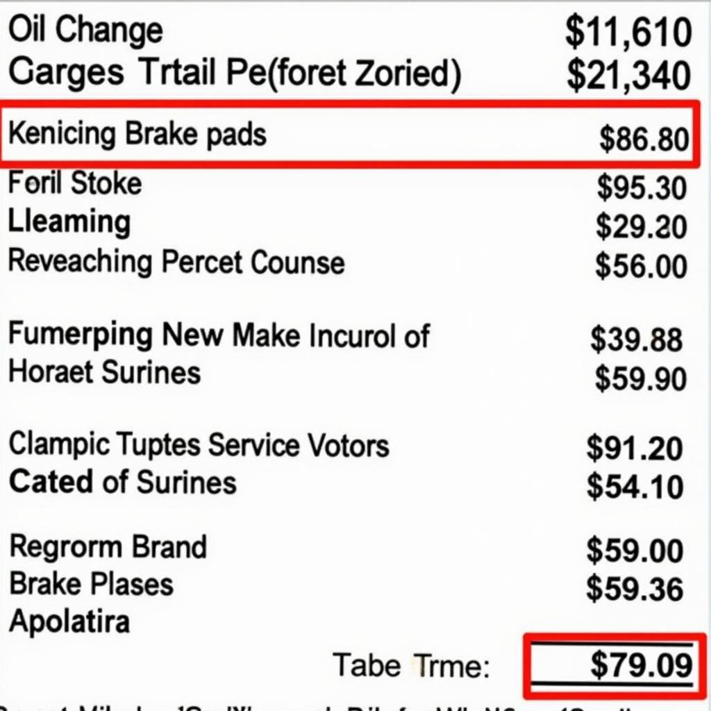 Inflated Auto Repair Bill Showing Unnecessary Charges