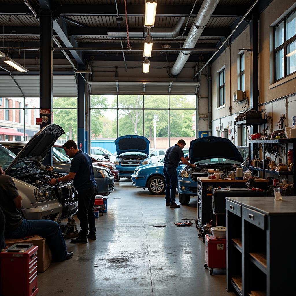 Busy inner-city auto repair shop with mechanics working on various vehicles