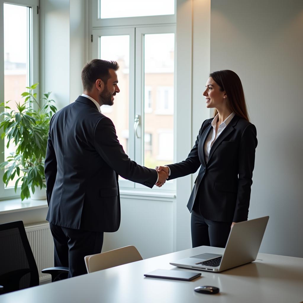 Insurance professional shaking hands with a client, demonstrating strong customer service skills.