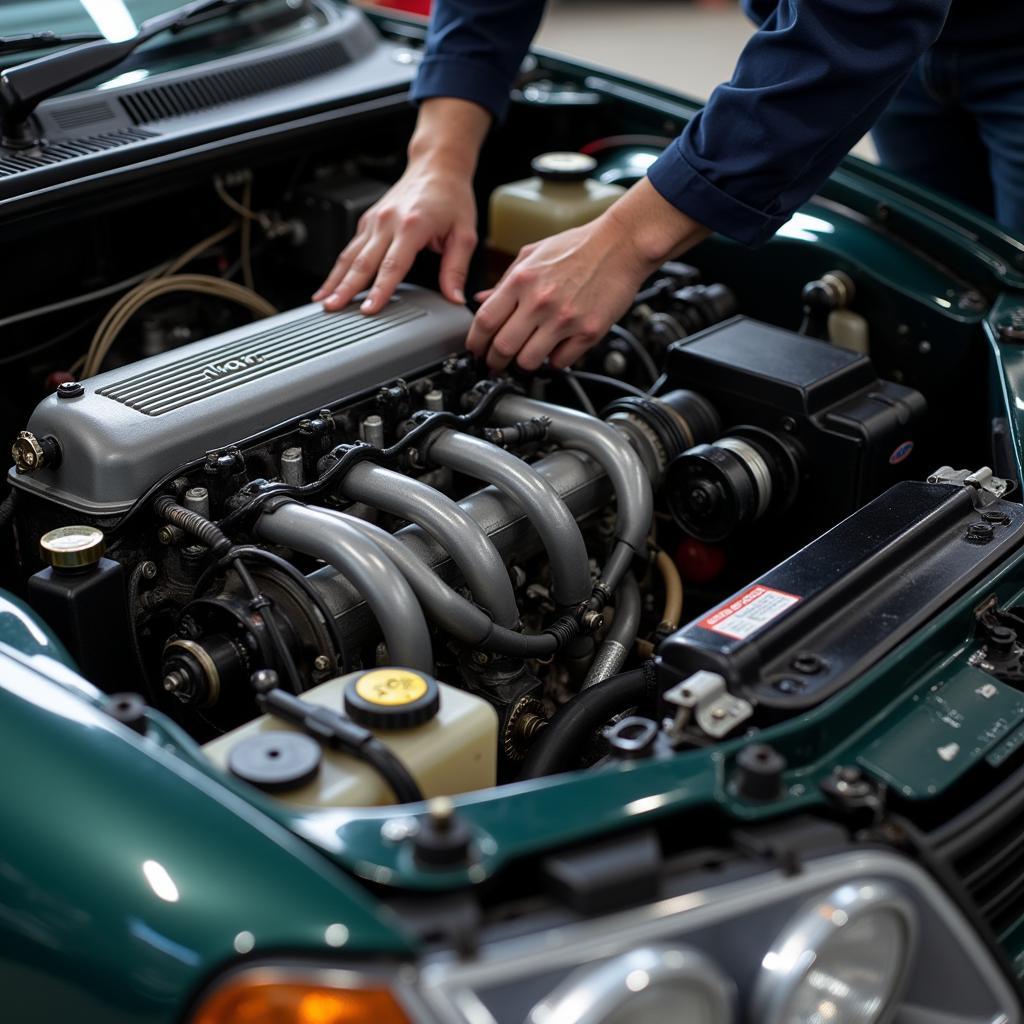 Mechanic Working on a Japanese Car Engine