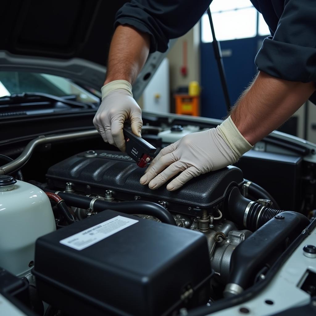 Japanese Auto Service Specialist Working on an Engine