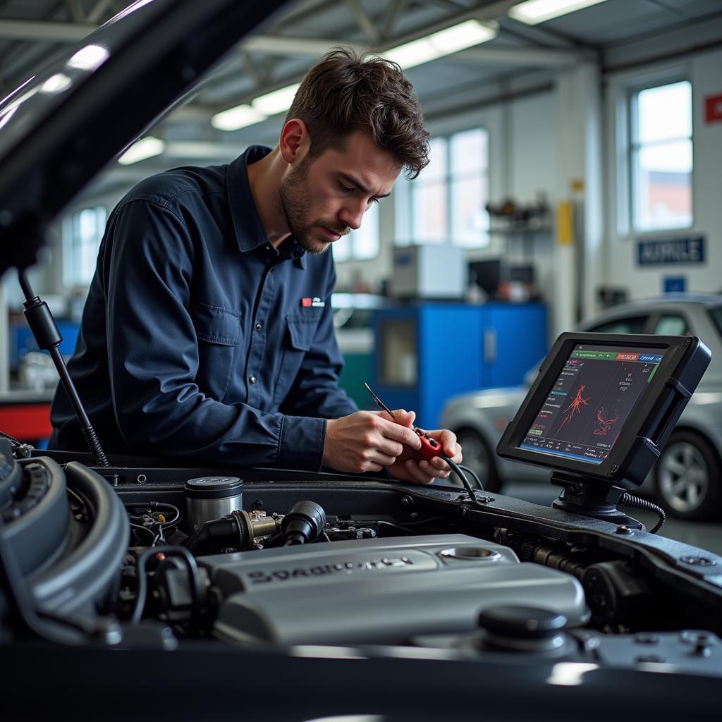 Japanese Auto Service Technician Working on an Engine