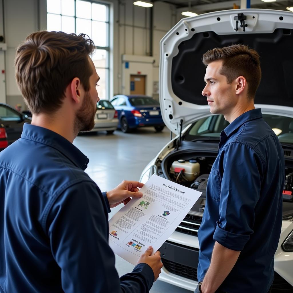 Customer discussing car repair options with a mechanic at a Jeffrey auto repair service.