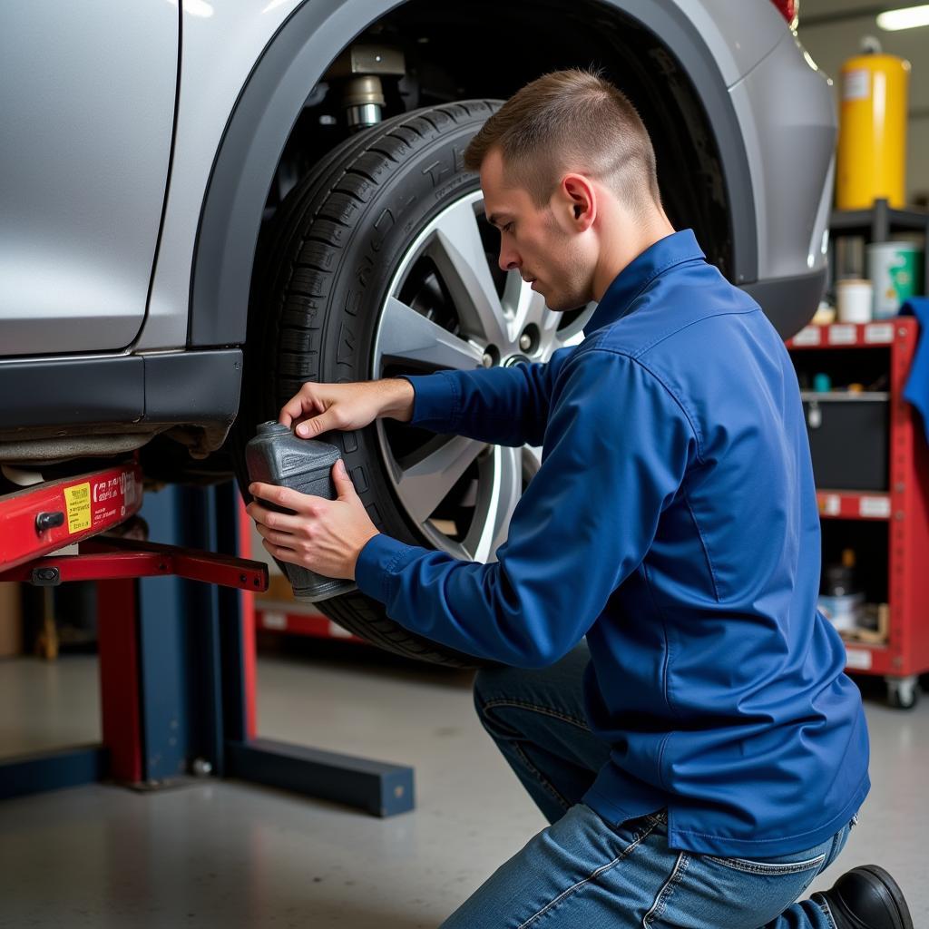 Mechanic performing routine car maintenance at a Jeffrey auto repair service.