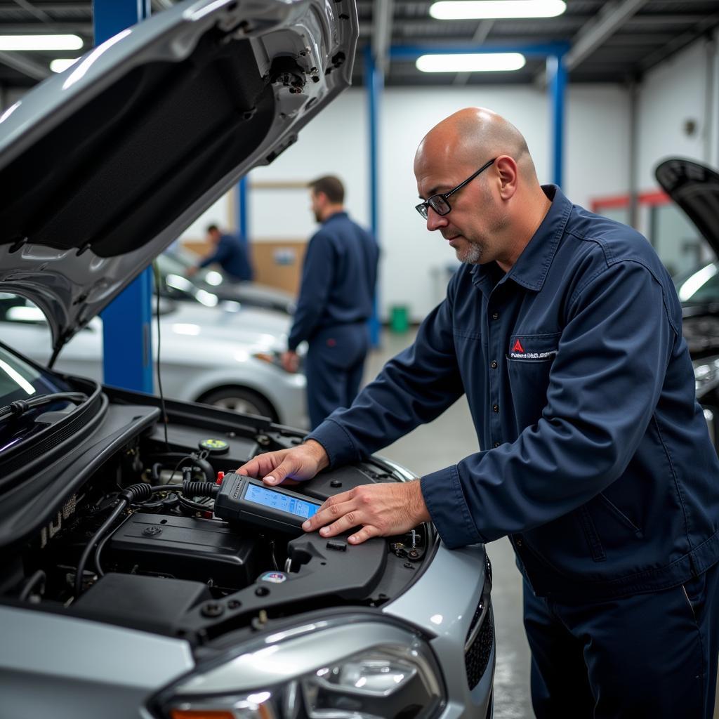 Experienced technician diagnosing a car problem using advanced diagnostic equipment at a Jeffrey auto repair service.