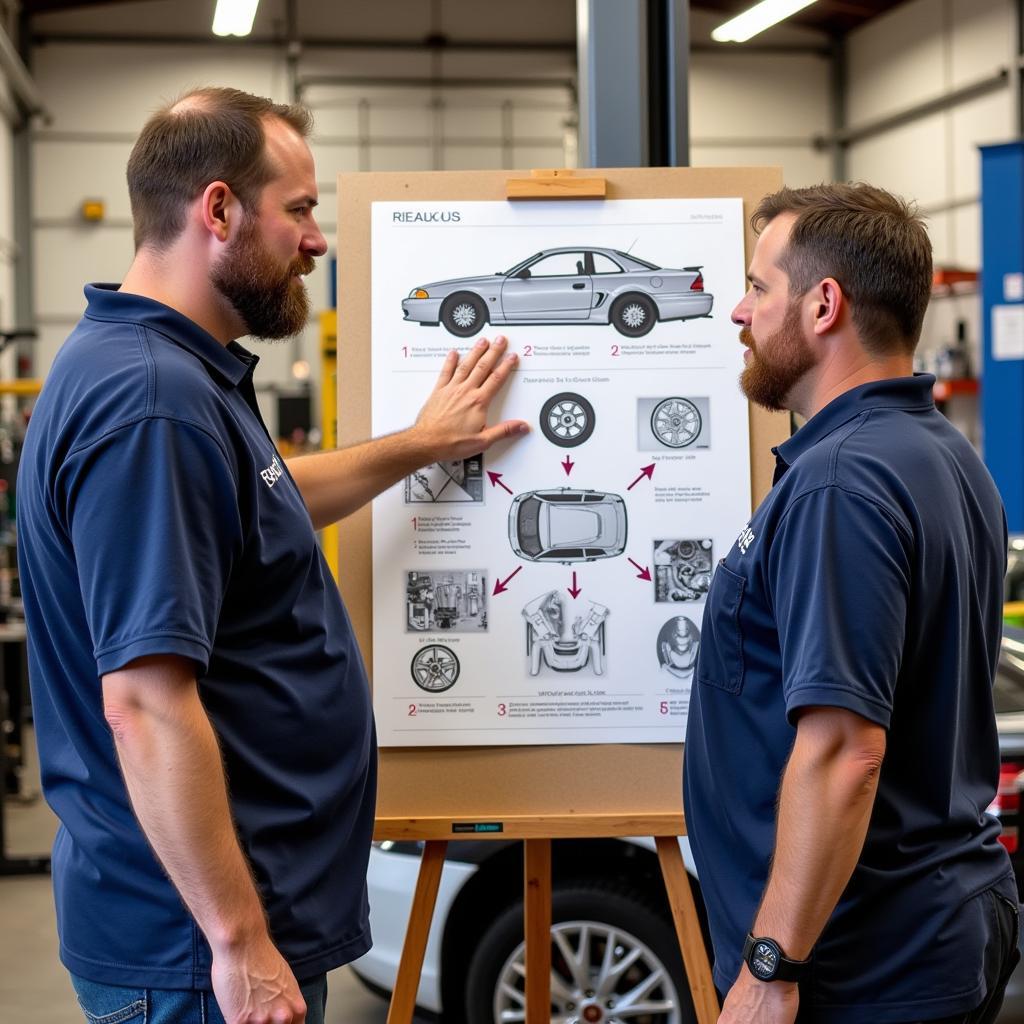 Joe and Ralph explaining car repairs to a customer