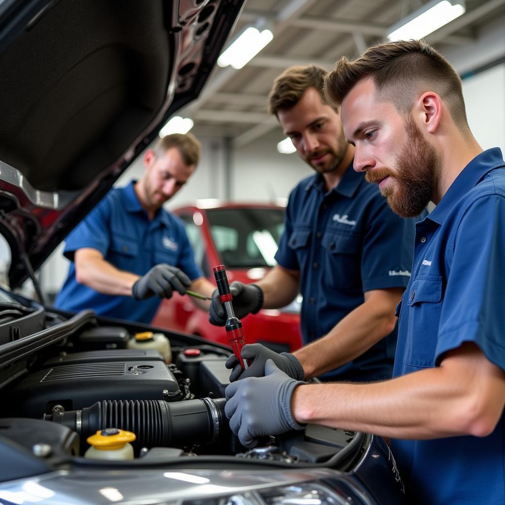 Expert mechanics working on a car engine at John's Bear Hill Auto Service