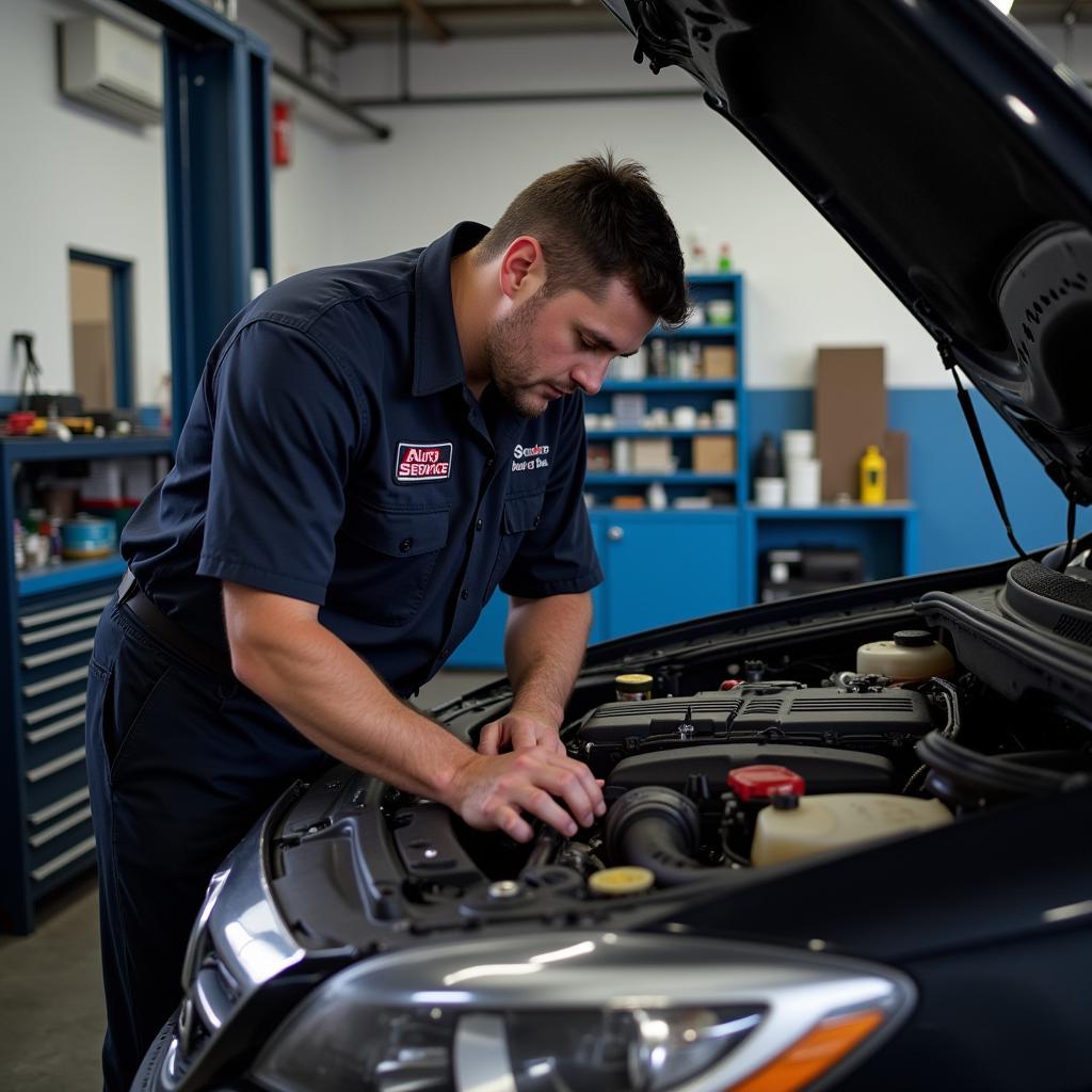 Experienced Technician Working on a Car Engine at Jordan's Auto Service