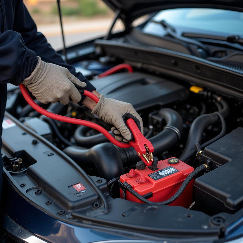 Technician jump starting a car battery