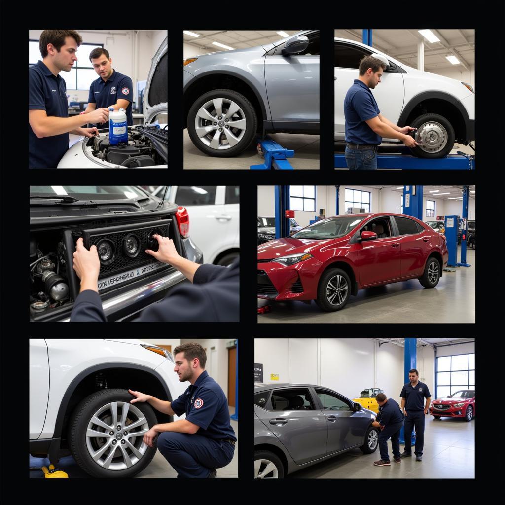 Mechanics performing various services at an auto service center in Katy