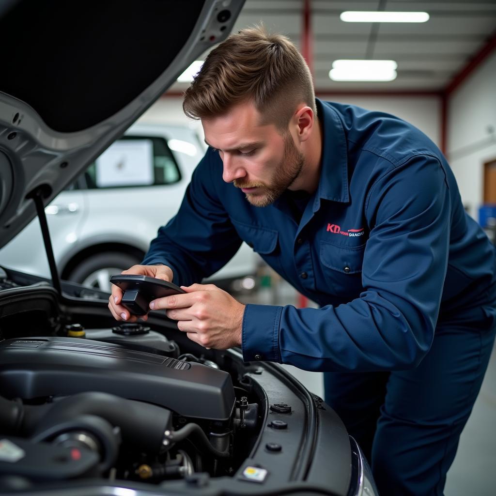 KD Auto Service Technician Performing Engine Diagnostics