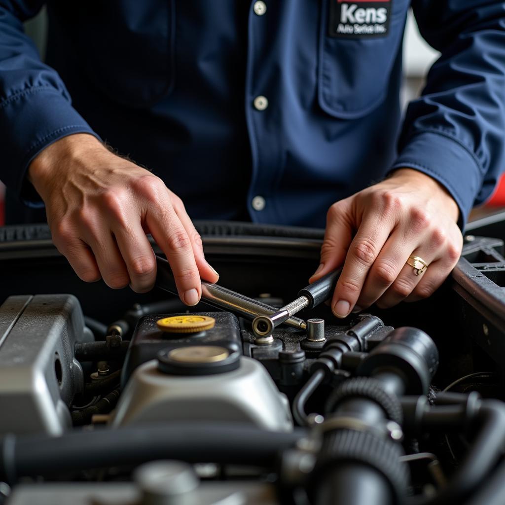 Technician at Ken's Auto Service Inc. performing an engine repair