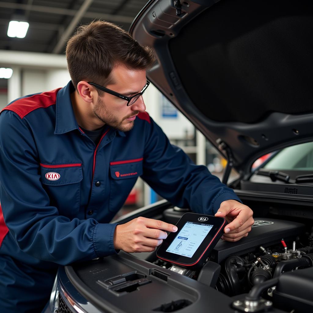 Kia Technician Performing Engine Diagnostics