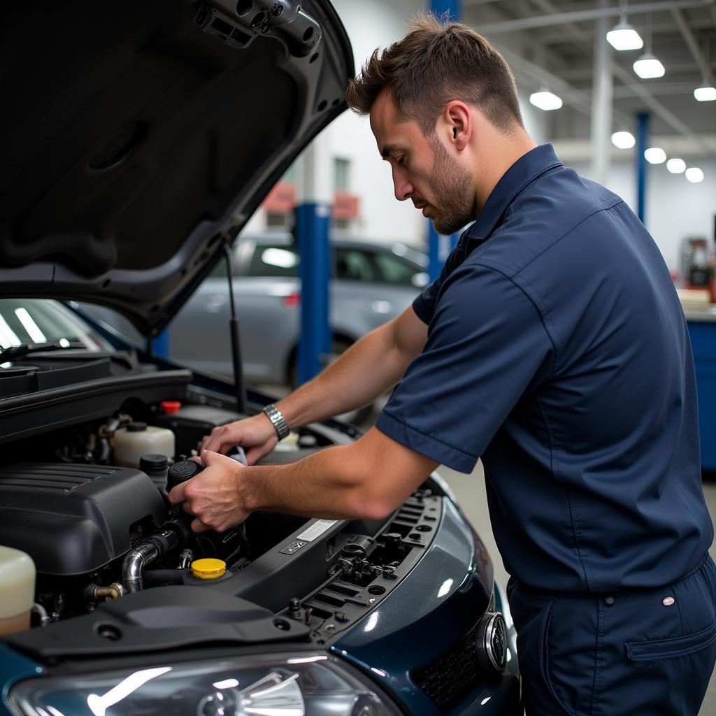 KNK Auto Service Mechanic Performing Oil Change