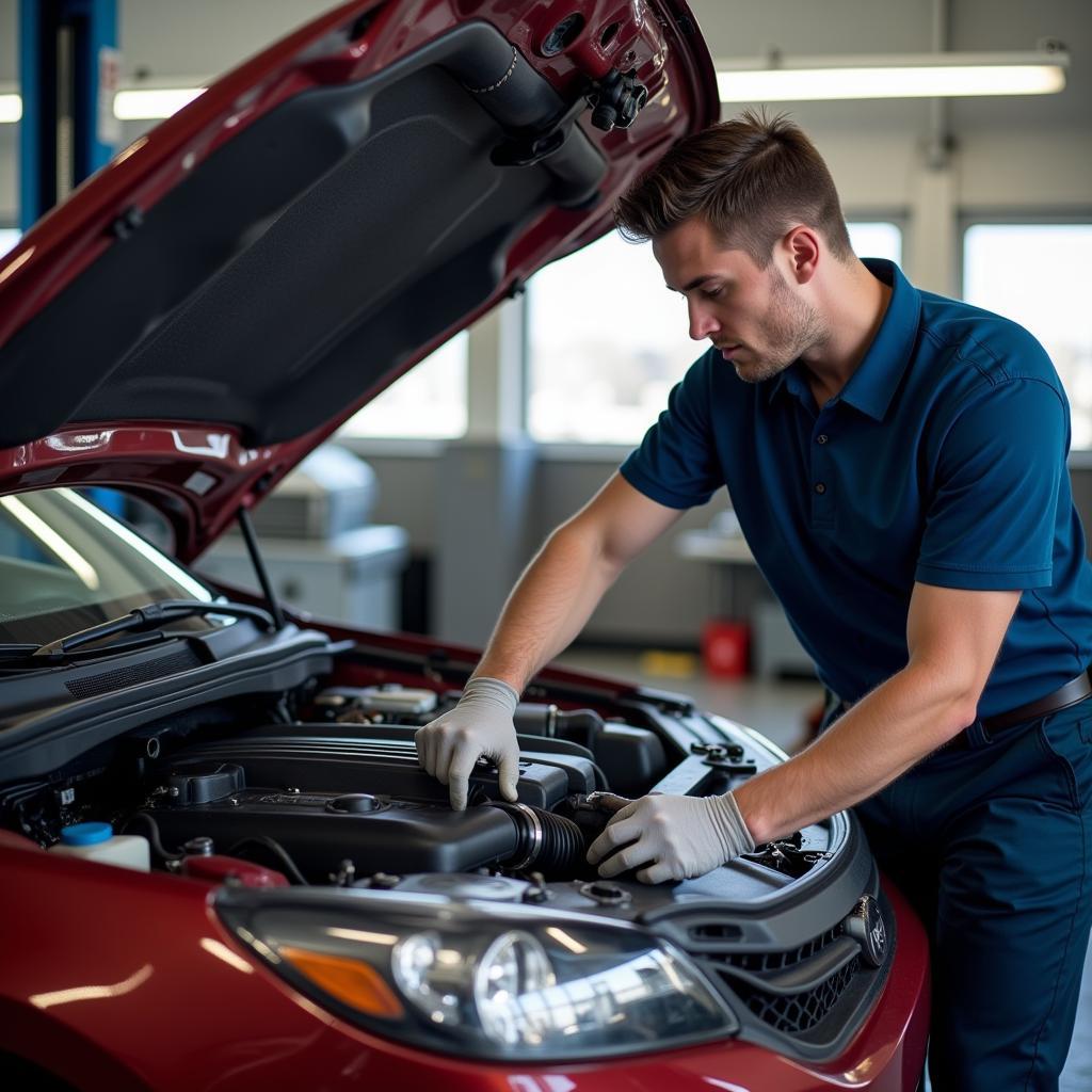 Mechanic working on a car in an auto service center in Lakeville, MN