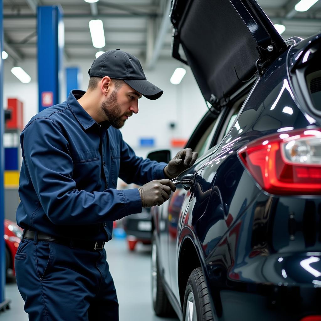 ASE Certified Technician Working in a Lander Auto Service Center