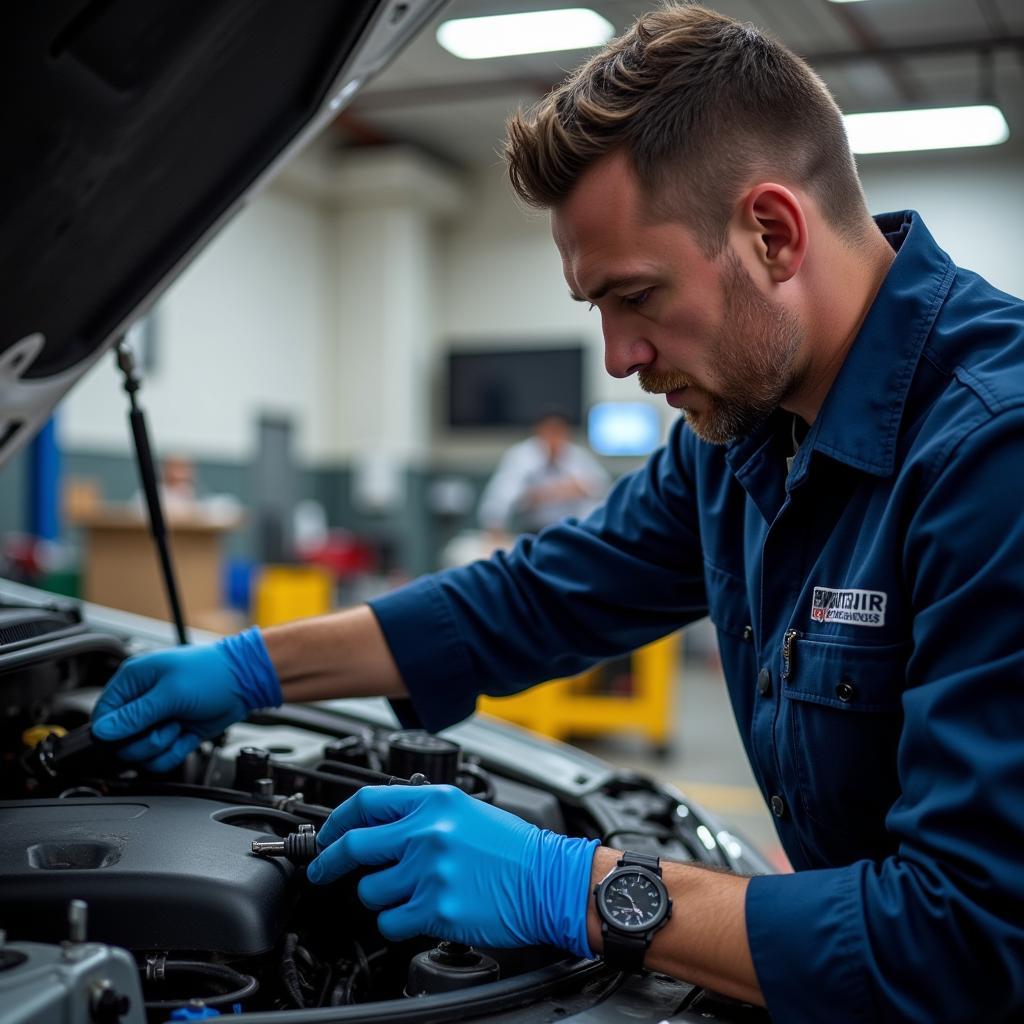 Lisburn mechanic performing car diagnostics using specialized equipment